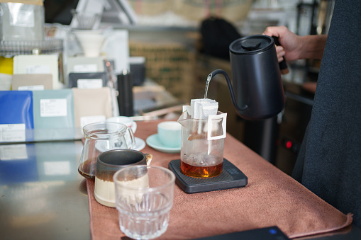Close-up shot of brewing ear bag coffee