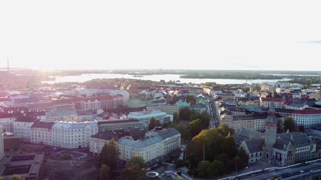 High key sunset aerial over Baltic harbour city of Helsinki Finland