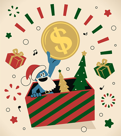 Cute Christmas Characters Vector Art Illustration.
Happy blue Santa Claus pops out of the big gift box to bless everyone and give gifts and money.