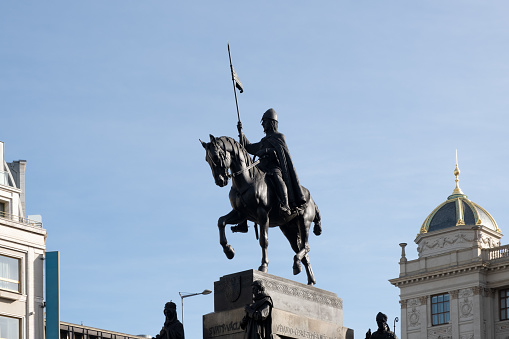 Silhouette view of Statue of Saint Wenceslas on Wenceslas Square, Prague. Bronze equestrian statue of knight in armor