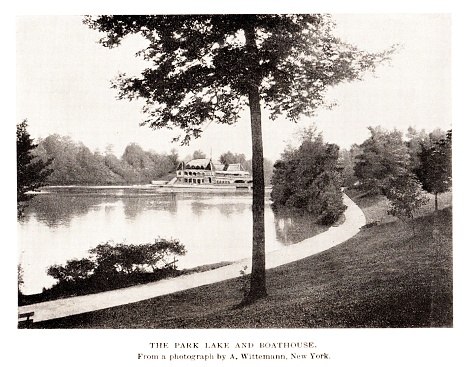 Lake and boathouse in public park, Buffalo, New York State, USA. Lake Erie is one of The Great Lakes.  engraving published 1892. This edition is in my private collection. Copyright is in public domain.