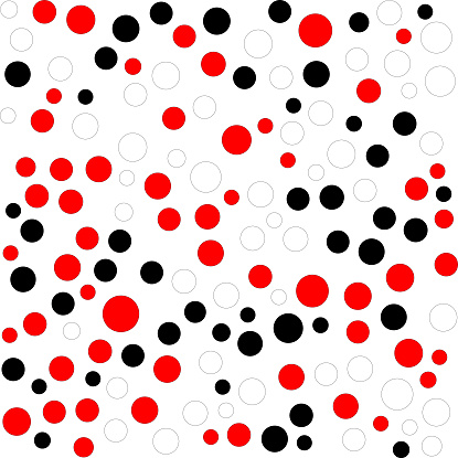 Black, red, white circles are placed in a random pattern.