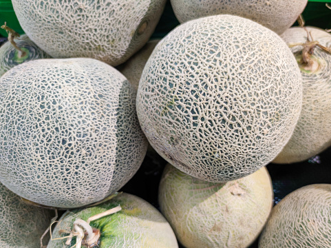 Close up of fresh muskmelon fruits at a stall of supermarket in Asia. Healthy and delicious dessert. Selective focus.