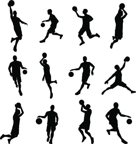 ilustrações, clipart, desenhos animados e ícones de silhuetas basketballl jogador - base equipamento desportivo