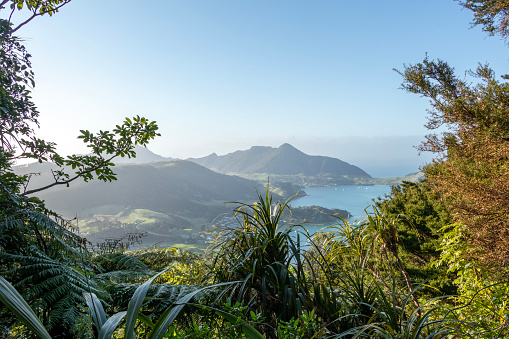 Mount Manaia summit sunrise with rocky outcrops create perfect natural lookouts with dramatic entrance to Whangarei Harbour, New Zealand