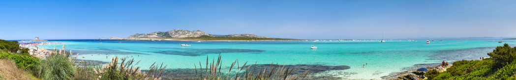 Panoramic view of European most beautiful beach La Pelosa in Sardinia
