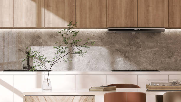 istock Dining room with table and chair with kitchen, white cabinet counter, wooden cupboard, induction stove, hood sink in sunlight from window 1771826770