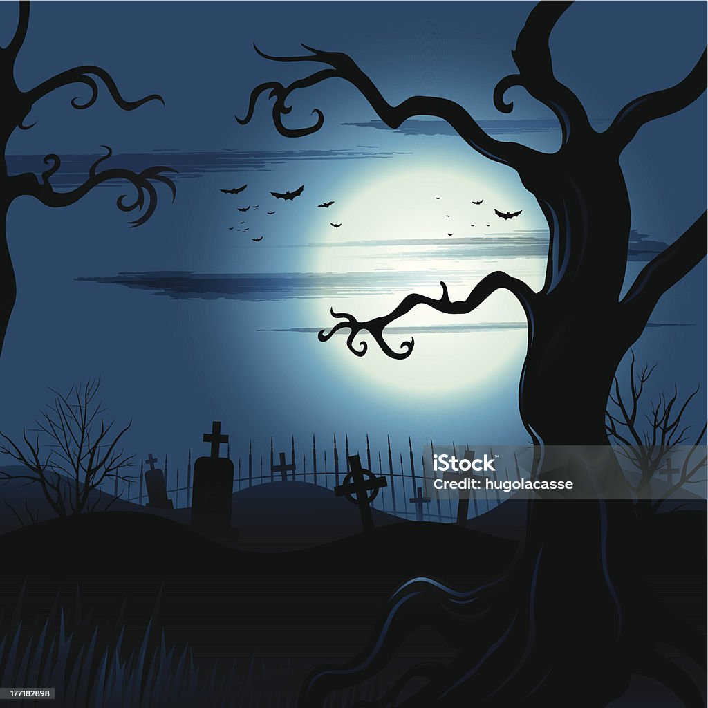 Escalofriante árbol Halloween fondo con luna llena - arte vectorial de Azul libre de derechos