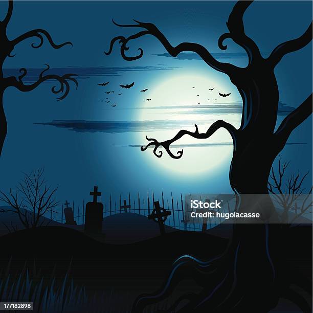 Ilustración de Escalofriante Árbol Halloween Fondo Con Luna Llena y más Vectores Libres de Derechos de Azul - Azul, Borde, Bosque