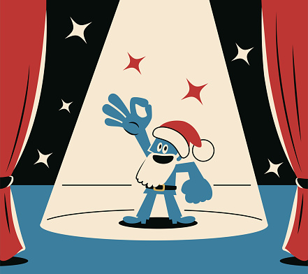 Blue Cartoon Characters Design Vector Art Illustration.
Happy blue Santa Claus blessing everyone and giving an OK gesture or money hand sign on stage with a spotlight.