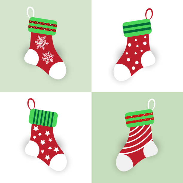 illustrazioni stock, clip art, cartoni animati e icone di tendenza di set di calze natalizie - vector illustration and painting backgrounds sock