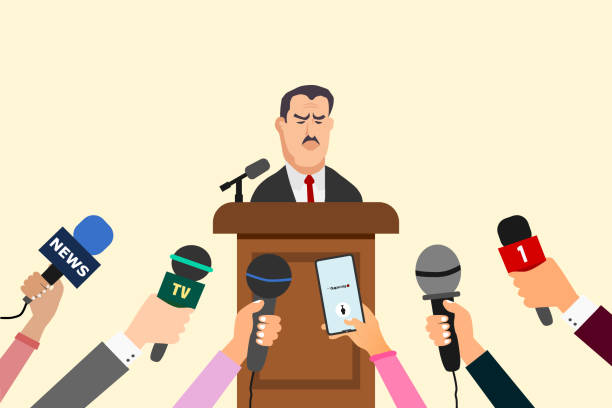istock Press conference concept. Man speaking to audience. Journalist or press media hands with microphones and smartphone. Vector illustration. 1771865135