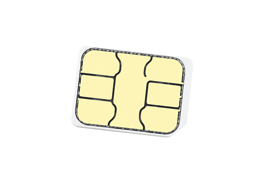 Nano SIM card for mobile devices, isolated on white background.
