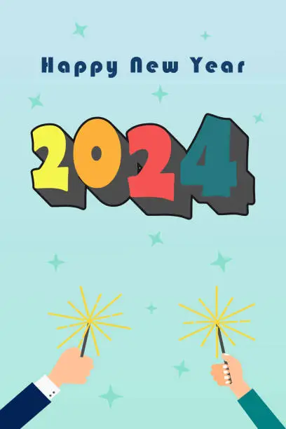 Vector illustration of Happy new year 2024 with full color design template. Hand holding firework. Vertical design.