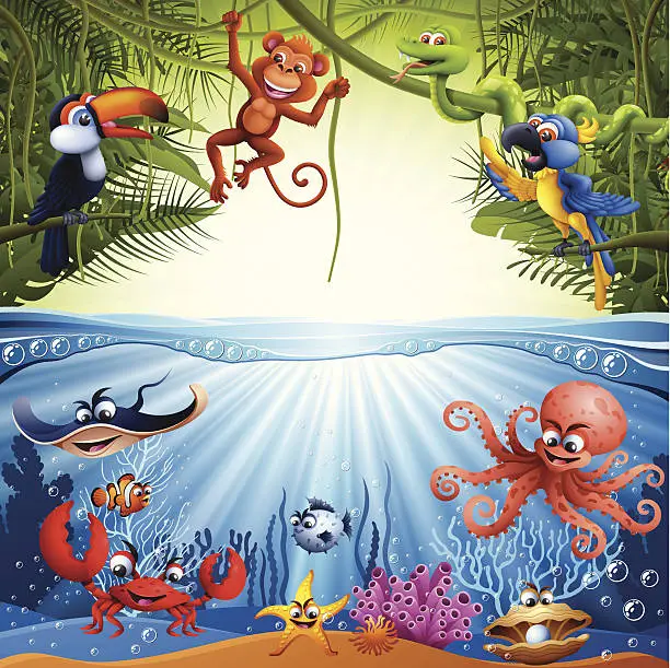 Vector illustration of Jungle and Sea Scene