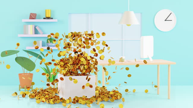 3d Animation cartoon Explosion of gold coins. Concept : Business Making money background.