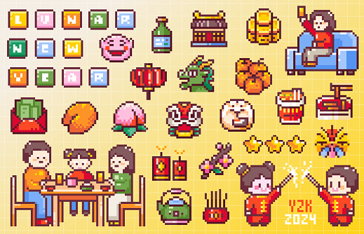 Pixel Art Fast Chinese New Year Celebration Icons. 8 bit Style Stickers of Pixelated Asian Lunar Festival - Temple, Coins, Lantern, Dragon, Orange Mandarins, Family Celebration, Fireworks and Decors.