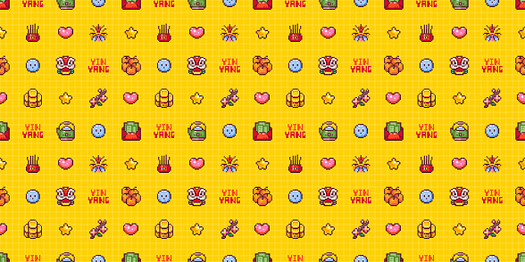 Chinese New Year Seamless Pattern in Pixel Art Retro 8bit Style. Cartoon Festive Ornament For Lunar Chinese New Year Decoration. Yellow Grid Asian Vector Game Arcade Motif. Dragon Mask, Red Envelope.