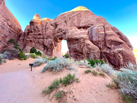 Delicate Arch in Arches National Park is the most famous arch in the world. To reach it one need to walk a long strenuous hike under the hot sun. Located in Arches National Park and seen at daytime in the summer.