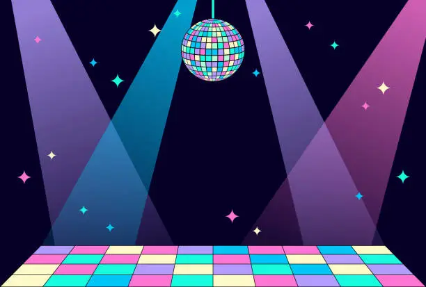 Vector illustration of disco party vector background with spotlight on stage for banners, cards, flyers, social media wallpapers, etc.