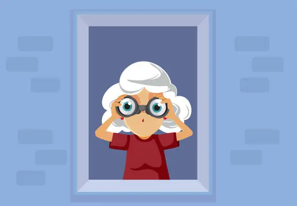 Vector illustration of Curious Elderly Neighbor Spying from her Window Vector Illustration