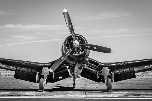 The gritty black and white image is of an F4U-1A Corsair. The Corsair is one of the most iconic fighters of WWII.  With its bent 'gull' wing to accommodate its 13 foot propeller, the aircraft was very recognizable.  This particular aircraft, built in mid-1943, is one of the oldest F4Us still flying.  This specific aircraft saw combat service in the Pacific Theater, in part, with the famed VMF-214 