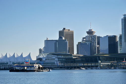Coal Harbour and the skyline of Vancouver as seen from Stanley Park in British Columbia, Canada.