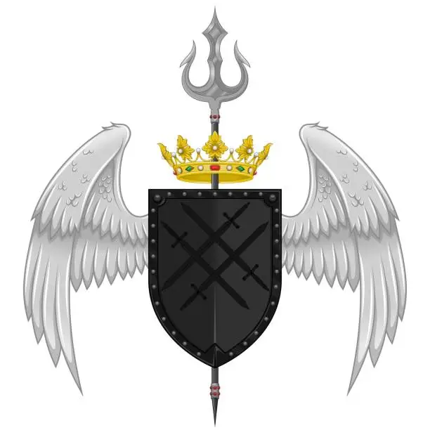 Vector illustration of Winged Coat of Arms with trident and crown