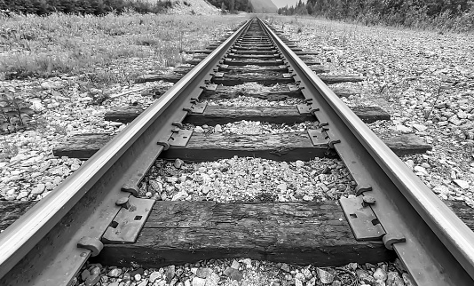 Old railroad tracks vanish into the distance at the horizon.  This monochrome image has a vintage quality to it.  The leading lines and metal train rails evoke strength from the composition.  The viewer has to wonder where the tracks lead.   This image is called Destination Anywhere.