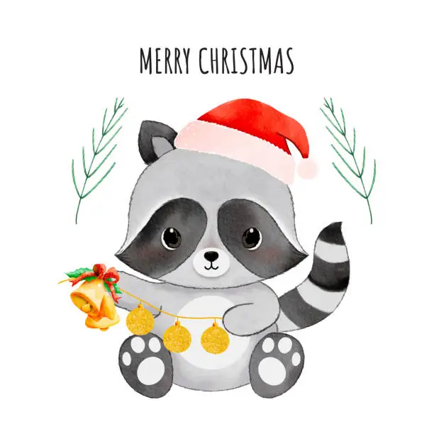 Vector illustration of Merry Christmas with watercolor cute raccoon wearing Santa hat on white background vector