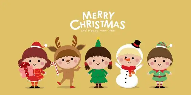 Vector illustration of Merry Christmas and happy new year greeting card with cute kids in Santa, snowman, xmas tree and deer costume. Holiday cartoon character in winter season. -Vector