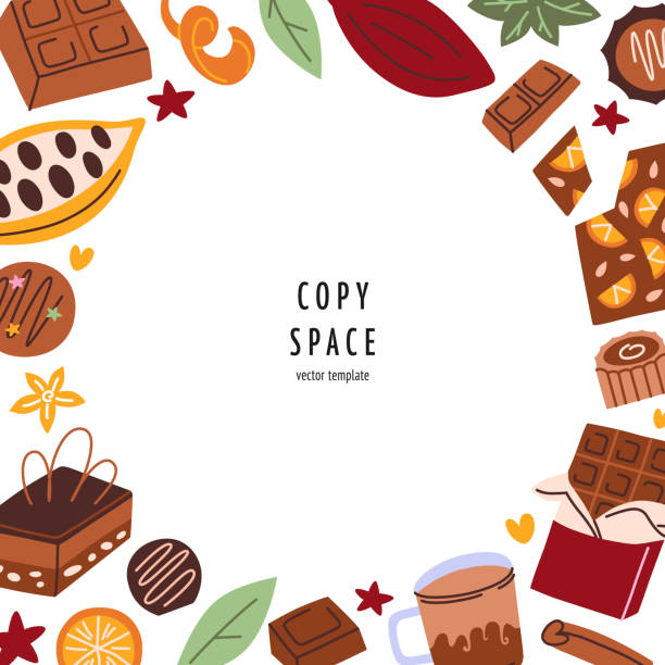 Greeting card for Christmas, chocolates, candies and desserts composition, square template with copy space, vector arrangement with cocoa Greeting card for Christmas, chocolates, candies and desserts composition, square template with copy space, vector arrangement with cocoa, truffles for Valentines, poster graphic design christmas menu template clip art stock illustrations
