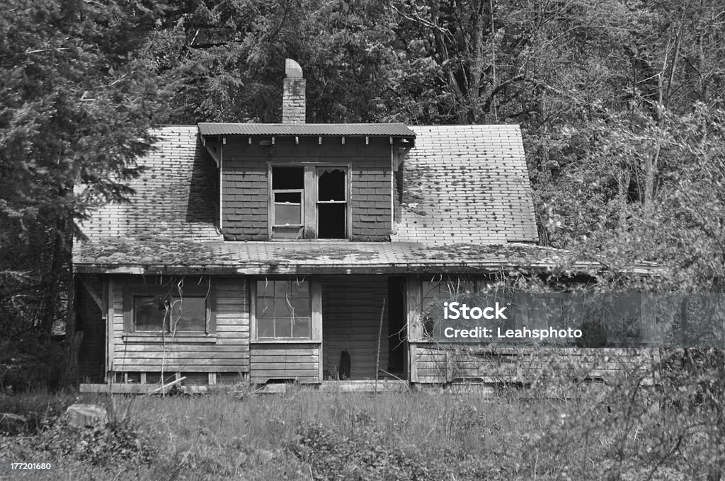 Forgotten Dream Home Sad hidden home up in the forest near Stevenson, Washington. Nearly over taken by the encroaching forest, and falling into dust little by little. Legend says it is haunted...you can spend the night and see. Abandoned Stock Photo