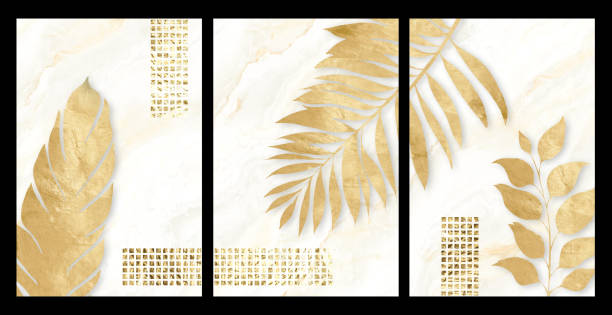 set of 3d golden tree leaves on creme marble background. wall frame home decor. wall canvas artwork