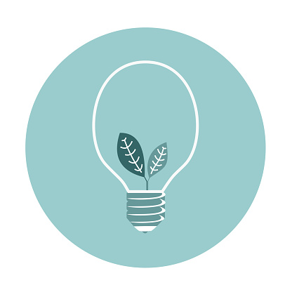 Lighting icon with two leaves inside. The icon symbolizes the idea of a more environmentally friendly energy consumption or campaign materials on the theme of renewable energy.