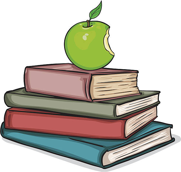 illustrazioni stock, clip art, cartoni animati e icone di tendenza di vettore pila di libri e mela di assideramento - apple stack white backgrounds