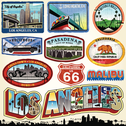 Series of stylized vintage era Los Angeles stickers and labels.