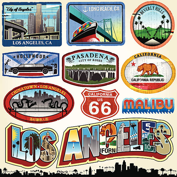 Los Angeles - City of Angels Series of stylized vintage era Los Angeles stickers and labels. hollywood stock illustrations