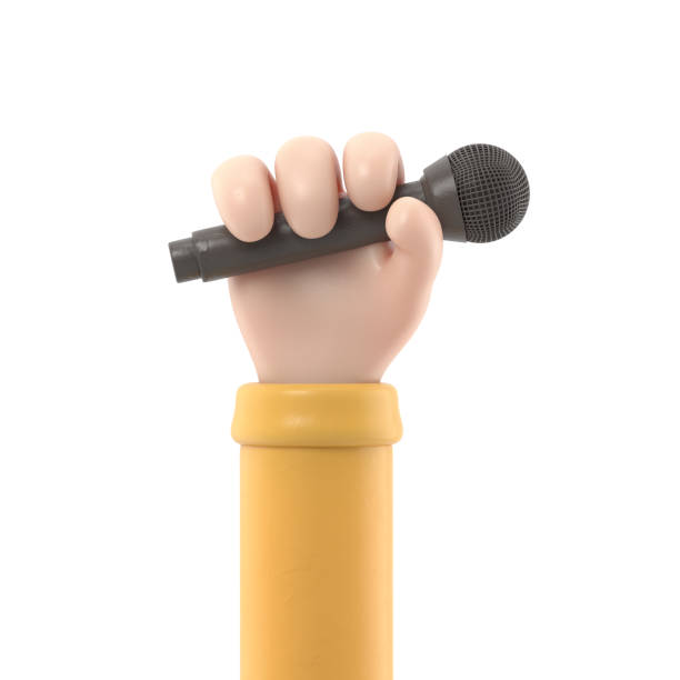 istock Cartoon Gesture Icon Mockup.Cartoon hand holding microphone.3D rendering on white background. 1772078587