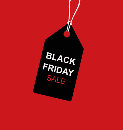 Black Friday Sale Tag Hanging On Red Background. Discount, Sale And Shopping Concept