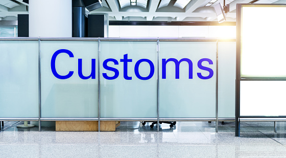 Airport customs declare sign at international terminal