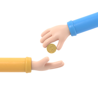 Cartoon Gesture Icon Mockup.Businessman giving money to beggar.3D rendering on white background.