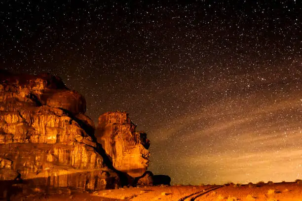 starry sky on desert of Wadi Rum - Jordan