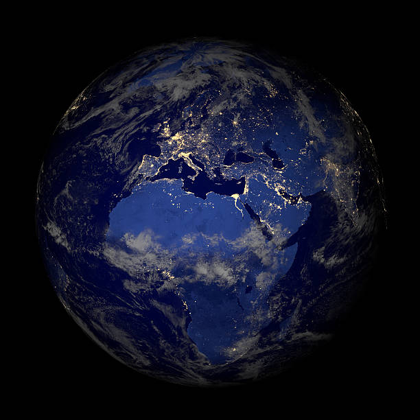 Earth from space at night isolated on black. Europe. A 3D render made with "Blender" on 1st May, 2013, using publicly available textures from NASA: west asia stock pictures, royalty-free photos & images