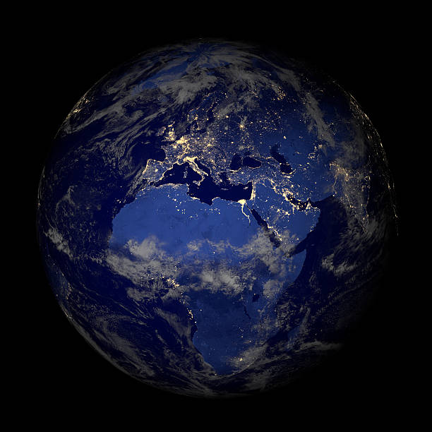 Earth from space at night isolated on black. Europe. A 3D render made with "Blender" on 1st May, 2013, using publicly available textures from NASA: planet earth africa stock pictures, royalty-free photos & images