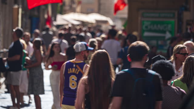 Time lapse of Crowd of People Tourism walking and sightseeing in shopping street of Rome area, Italy,