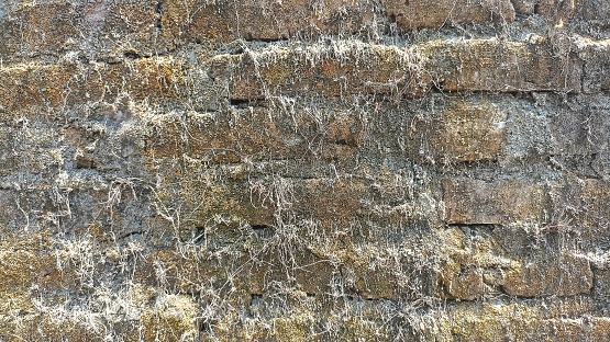 Old Brick wall. Texture on an antique wall made from stones. Old weathered brown grunge wall of big bricks