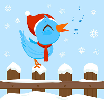 Bird with Christmas hat sitting on a fence and singing in the snow. Vector illustration
