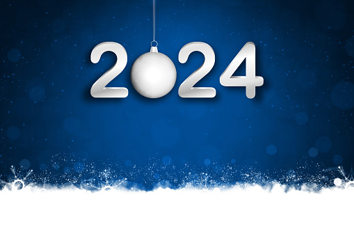 White coloured text 2 0 2 4 on a dark shiny dark blue horizontal Happy New Year background. Can be used as Xmas , New Year 2024 day celebrations festive backgrounds, banners, wallpaper, gift wrapping paper sheet, posters and greeting cards. There is foggy smoky pattern border at bottom edge making it ethereal or dreamlike.