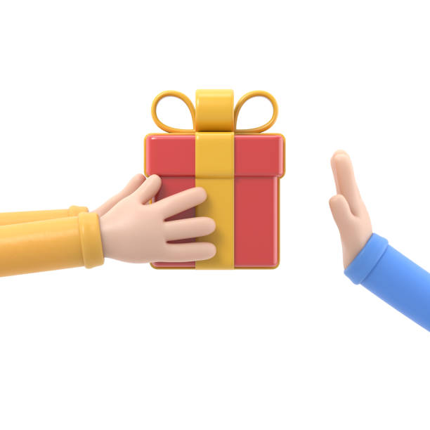 istock Refusal of gift. No corruption concept. Rejecting proposal. Man holding in hand gift box with ribbon. Gesture rejects the proposal. 3D rendering on white background. 1772127519